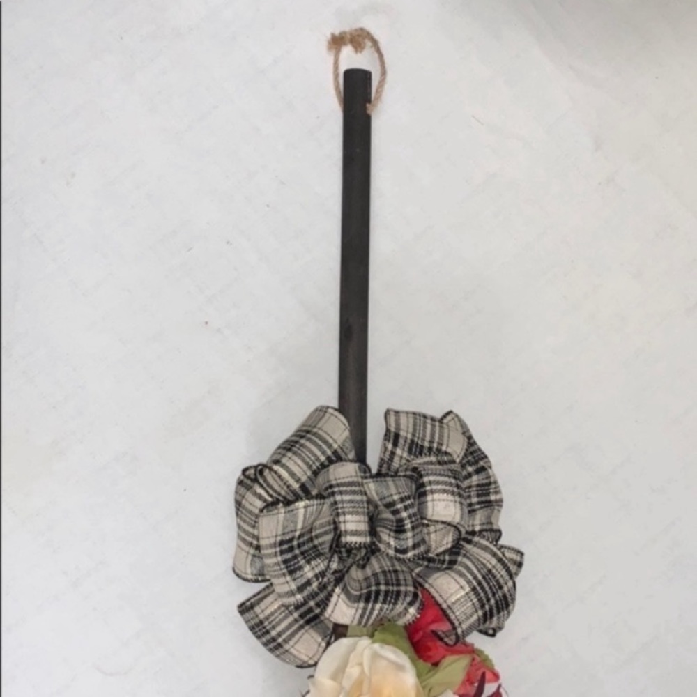 Handcrafted Fall floral decorated broom with a black & cream plaid bow - Picture 4 of 6